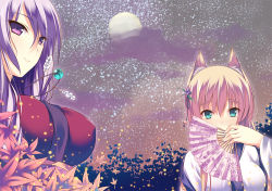 Rule 34 | animal ears, blonde hair, blue eyes, covering face, covering own mouth, covering privates, feathers, flower, full moon, hair flower, hair ornament, hand fan, iroha (unyun), japanese clothes, jewelry, kimono, leaf, moon, necklace, original, purple eyes, purple hair, smile, star (symbol)