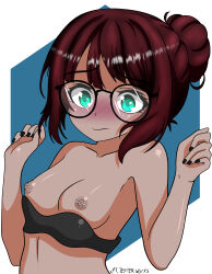 Rule 34 | absurdres, arms up, blunt bangs, blush, bra, bra pull, breasts, clothes pull, collarbone, colored skin, commission, cpt.tester works, embarrassed, fingernails, glasses, green eyes, hair bun, highres, looking down, nail polish, nipple piercing, nipples, piercing, pink skin, red hair, short hair, small breasts, underwear