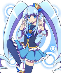 Rule 34 | 10s, 1girl, bad id, bad pixiv id, blue eyes, blue hair, blue skirt, blue thighhighs, brooch, crown, cure princess, happinesscharge precure!, heart, heart brooch, kuroi paseri, long hair, magical girl, matching hair/eyes, precure, shirayuki hime, skirt, solo, standing, standing on one leg, thighhighs, twintails, very long hair
