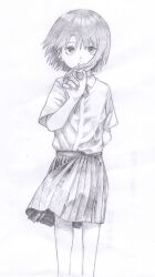 1girl absurdres arm_behind_back asymmetrical_hair collared_shirt graphite_(medium) greyscale hair_ornament highres holding iwakura_lain looking_at_viewer monochrome neck_ribbon pleated_skirt ribbon school_uniform serial_experiments_lain shirt short_hair short_sleeves simple_background sketch skirt solo traditional_media white_background wind yasu_(shijimi_8)