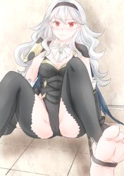 Rule 34 | 1girl, blush, breasts, cleavage, feet, fire emblem, fire emblem fates, hairband, long hair, looking at viewer, nintendo, no shoes, pointy ears, red eyes, sitting, soles, solo, spread legs, tico, toeless legwear, toes, white hair