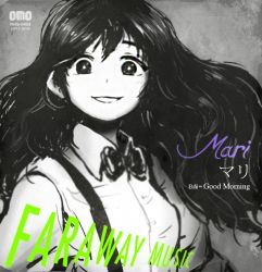 Rule 34 | 1girl, album cover redraw, black bow, black bowtie, black eyes, black hair, bow, bowtie, character name, collared shirt, derivative work, dress shirt, english text, floating hair, grey background, greyscale, long hair, looking at viewer, mari (faraway) (omori), mari (omori), monochrome, name connection, omocat, omori, parted lips, shadow, shirt, sleeves rolled up, smile, solo, suspenders, sweetest music, takeuchi mariya, upper body, white shirt