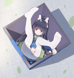 Rule 34 | 1girl, absurdres, ahoge, animal ears, ass, black hair, blue archive, blue shirt, blue skirt, covering privates, covering crotch, fake animal ears, feet, female focus, from above, full body, green skirt, highres, in container, leaf, leaf on head, legs, legs up, long hair, looking at viewer, looking up, lying, miyu (blue archive), nitronn (nitrun), no shoes, on back, open mouth, panties, panties under pantyhose, pantyhose, rabbit ears, recycle bin, red eyes, school uniform, serafuku, shirt, skirt, soles, solo, thighband pantyhose, thighs, trash can, two-tone skirt, underwear, white panties, white pantyhose