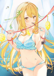 Rule 34 | 1girl, absurdres, bare arms, bare shoulders, bikini, blonde hair, blue bikini, blue nails, bow, breasts, cleavage, commentary request, cona kinaco, cowboy shot, food, fork, frilled bikini, frills, fruit, groin, hair bow, highres, holding, lemon, lemon slice, long hair, looking at viewer, medium breasts, nail polish, navel, orange eyes, original, red ribbon, ribbon, solo, stomach, swimsuit, thighs, very long hair, wrist ribbon