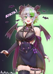 Rule 34 | 1girl, :d, absurdres, aestheticc-meme, apricot the lich, apricot the lich (1st costume), artist name, bat (animal), bat wings, black dress, blush, breasts, cleavage, cleavage cutout, clothing cutout, demon horns, detached sleeves, dress, earrings, fang, green eyes, green hair, highres, horns, jewelry, looking at viewer, multicolored hair, nail polish, nose blush, open mouth, pointy ears, ring, short hair, short hair with long locks, sidelocks, skin fang, skull, smile, solo, thighhighs, tiara, virtual youtuber, vshojo, wings