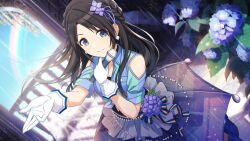 Rule 34 | 1girl, arch, black hair, blue eyes, blue flower, blue jacket, boots, bow, braid, breasts, cleavage, clothing cutout, commentary, cowboy shot, day, dutch angle, earrings, flower, french braid, frilled skirt, frills, from above, front-tie top, game cg, gloves, grey skirt, hair flower, hair ornament, hair ribbon, holding, holding microphone, hydrangea, idolmaster, idolmaster shiny colors, jacket, jewelry, light particles, long hair, looking at viewer, microphone, mitsumine yuika, official art, open collar, outstretched hand, parted bangs, pearl earrings, rain, rainbow, ribbon, see-through, see-through skirt, short sleeves, shoulder cutout, skirt, small breasts, smile, solo, standing, waist bow, water drop, white gloves