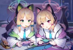 Rule 34 | 2girls, animal ear headphones, animal ears, black thighhighs, blonde hair, blue archive, blue bow, blue neckwear, blurry, blurry background, blush, bow, cat ear headphones, collared shirt, commentary request, controller, couch, fake animal ears, female focus, food, food in mouth, game controller, green eyes, hair bow, halo, headphones, highres, jacket, jehyun, lying, midori (blue archive), momoi (blue archive), multiple girls, necktie, on stomach, panties, phone, pink bow, pink eyes, playing games, school uniform, shirt, short hair, siblings, sisters, skirt, sweat, tail, thighhighs, twins, underwear, white shirt