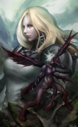 Rule 34 | 2girls, armor, black sclera, blonde hair, breasts, claymore (series), collage, colored sclera, commentary, demon girl, hand over eye, highres, horns, ixtian, large breasts, lips, multiple girls, multiple wings, nipples, nose, nude, pauldrons, priscilla (claymore), shoulder armor, single horn, teresa, toes, white hair, wings, yellow eyes