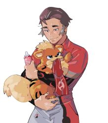Rule 34 | 1boy, black eyes, closed mouth, collared shirt, commentary request, creatures (company), game freak, gen 1 pokemon, green (grimy), grey hair, growlithe, gym leader, half-closed eyes, highres, holding, holding pokemon, kabu (pokemon), light blush, light smile, male focus, mouth hold, multicolored hair, nintendo, pokemon, pokemon (creature), pokemon swsh, shirt, short hair, short sleeves, shorts, towel, two-tone hair