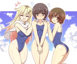 Rule 34 | 10s, 3girls, ass, black hair, blonde hair, brown eyes, brown hair, commission, competition school swimsuit, covering privates, covering crotch, embarrassed, closed eyes, fubuki (kancolle), green eyes, hair flaps, kano-0724, kantai collection, multiple girls, mutsuki (kancolle), one-piece swimsuit, remodel (kantai collection), scarf, school swimsuit, short hair, swimsuit, yuudachi (kancolle)