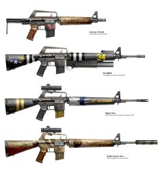 Rule 34 | absurdres, assault rifle, asterozoa, carbine, commentary, concept art, english commentary, english text, fallout (series), fallout: new vegas, grenade launcher, gun, highres, latin text, no humans, rifle, scope, service weapon, simple background, suppressor, underbarrel grenade launcher, weapon, weapon focus, white background