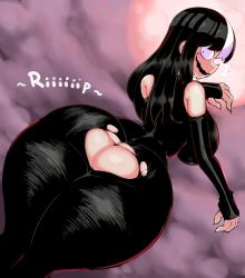 Rule 34 | 1girl, absurdres, ass, assisted exposure, black dress, black gloves, breasts, colorized, dress, elbow gloves, fingerless gloves, from behind, gloves, highres, huge ass, long dress, looking at viewer, looking back, medium breasts, mob face, multicolored hair, noss (rariatto), original, smile, solo, streaked hair, sweat, thanuki, torn clothes, vampire