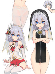Rule 34 | 1girl, ass, bare shoulders, blue eyes, closed mouth, crossed arms, hair between eyes, hair ornament, highres, honkai (series), honkai impact 3rd, jack (darkshero), looking at viewer, nun, open mouth, side ponytail, simple background, sitting, solo, theresa apocalypse, theresa apocalypse (celestial hymn), thighhighs, white background, white hair, white thighhighs