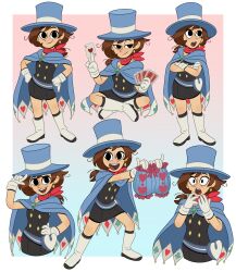 Rule 34 | 1girl, absurdres, ace (playing card), ace attorney, apollo justice: ace attorney, belt pouch, black dress, bloomers, blue cape, blue hat, boots, brooch, brown hair, buttons, cape, card, club (shape), crossed arms, diamond (shape), diamond button, diamond earrings, dress, earrings, full body, gem, gloves, gradient background, green gemstone, hand on own hip, hat, heart, highres, holding, holding card, indian style, jewelry, knee boots, multiple views, official style, paula peroff, playing card, pouch, red scarf, scarf, single earring, sitting, smile, spade (shape), standing, strapless, strapless dress, surprised, swept bangs, the ghost and molly mcgee, top hat, trucy wright, underwear, white footwear, white gloves