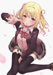 Rule 34 | 1girl, absurdres, ahoge, arm up, between legs, black choker, black jacket, black thighhighs, blonde hair, blush, bow, bowtie, brown footwear, buttons, cardigan, cardigan vest, cherry, choker, closed mouth, collared shirt, earrings, equal (heartstrings), falling petals, food, foot out of frame, from above, fruit, garter belt, grey skirt, hair intakes, hair ribbon, hand between legs, heterochromia, highres, hoshikawa sara, hoshikawa sara (4th costume), jacket, jewelry, light blush, long sleeves, looking at viewer, medium hair, miniskirt, mouth hold, nijisanji, open clothes, open jacket, orange eyes, outstretched hand, petals, pink cardigan, plaid, plaid skirt, pleated skirt, purple eyes, red bow, red bowtie, red ribbon, ribbon, ringlets, school uniform, shirt, shoes, simple background, sitting, skirt, sleeves past wrists, smile, solo, star (symbol), swept bangs, thighhighs, twintails day, two side up, virtual youtuber, white background, white shirt, zettai ryouiki