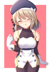 Rule 34 | 1girl, azur lane, beret, bike shorts, black gloves, blush, bow, breasts, buttons, commentary request, cross, double-breasted, elbow gloves, gloves, gold trim, hair between eyes, hair bow, hair ornament, hat, incoming kiss, iron cross, light brown hair, ribbon, short hair, sleeveless, solo, tokyo yamane, white gloves, white ribbon, z23 (azur lane)