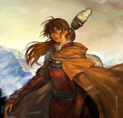 Rule 34 | 1girl, balsa, brown hair, cape, earrings, hair between eyes, highres, holding, holding polearm, holding weapon, ida rintarou, jewelry, long sleeves, looking at viewer, mountain, outdoors, polearm, procreate (medium), seirei no moribito, solo, standing, stud earrings, sunset, weapon