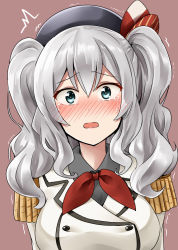 Rule 34 | 10s, 1girl, beret, blue eyes, blush, breasts, buttons, crying, crying with eyes open, epaulettes, hat, highres, jacket, kamelie, kantai collection, kashima (kancolle), kerchief, large breasts, long hair, looking at viewer, military, military uniform, open mouth, sidelocks, silver hair, simple background, solo, tears, trembling, tsurime, twintails, uniform, wavy hair