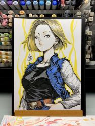 Rule 34 | 1girl, 2019, android 18, arm at side, art tools in frame, belt, black shirt, blonde hair, blue eyes, breast pocket, breasts, commentary, denim, denim jacket, denim skirt, dragon ball, dragonball z, earrings, english commentary, expressionless, eyelashes, fingernails, floating hair, hand on own hip, hoop earrings, jacket, jewelry, lips, long sleeves, looking at viewer, marker (medium), medium breasts, outline, parted bangs, parted lips, photo (medium), pocket, shirt, short hair, signature, simple background, skirt, solo, stanley lau, straight hair, striped clothes, striped shirt, traditional media, waistcoat, white background, yellow outline