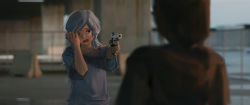 Rule 34 | 2girls, absurdres, aiming, blurry, blurry background, blurry foreground, bra strap, collarbone, commentary, crying, crying with eyes open, english commentary, faiz azhar, gun, highres, holding, holding gun, holding weapon, long hair, multiple girls, one eye closed, open mouth, original, outdoors, shirt, short sleeves, tears, upper body, weapon, weapon request, white hair, white shirt, wiping tears
