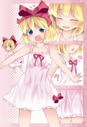Rule 34 | 2girls, :d, ?, alternate costume, bare legs, bare shoulders, blonde hair, blue eyes, blush, bow, chemise, closed eyes, hair ribbon, hammer (sunset beach), heart, looking at viewer, medicine melancholy, multiple girls, night clothes, open mouth, ribbon, short hair, sleepwear, smile, su-san, touhou