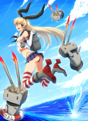 Rule 34 | 10s, 1girl, :3, anchor, ass, blonde hair, brown eyes, cloud, contrail, day, elbow gloves, gloves, hair ornament, hair ribbon, highres, innertube, kantai collection, long hair, machinery, microskirt, midriff, navel, ocean, panties, pantyshot, personification, reco (fortunequest), rensouhou-chan, ribbon, shimakaze (kancolle), skirt, sky, smile, solo, striped clothes, striped thighhighs, swim ring, thighhighs, turret, underwear, upskirt, waves