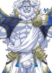 Rule 34 | 1boy, abs, ancient greek clothes, bara, beard, blue sclera, bulge, colored sclera, cowboy shot, facial hair, fate/grand order, fate (series), greco-roman clothes, hair intakes, highres, large pectorals, long hair, looking at viewer, male focus, mature male, muscular, muscular male, old, old man, outstretched arms, pale skin, pectoral cleavage, pectorals, sash, shirako (kirupi), shrug (clothing), smirk, solo, spread arms, stomach, thick arms, thick thighs, thighs, veins, veiny arms, very long hair, white hair, zeus (fate)