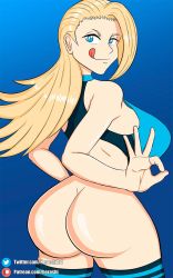 Rule 34 | 1girl, artist name, ass, bare shoulders, blonde hair, blue eyes, boku no hero academia, bottomless, breasts, butt crack, from behind, heroshi, highres, huge ass, large breasts, licking lips, long hair, looking at viewer, looking back, ok sign, smile, solo, thighhighs, tongue, tongue out, pixie-bob (boku no hero academia)