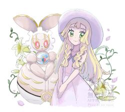 1girl blonde_hair blunt_bangs blush braid creatures_(company) dress game_freak gen_7_pokemon green_eyes hat legendary_pokemon lillie_(pokemon) long_hair looking_at_viewer magearna magearna_(normal) mythical_pokemon nintendo pokemon pokemon_(creature) pokemon_sm ponytail sandora_(karugamo_no_e) sleeveless sleeveless_dress smile solo sun_hat twin_braids white_dress white_hat