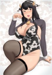 Rule 34 | 1girl, animal ears, animal print, black hair, black thighhighs, blush, breasts, brown eyes, cleavage, cow print, cropped jacket, curvy, fake animal ears, fake horns, highres, horns, large breasts, lipstick, long hair, makeup, mole, mole on breast, mole on pubic mound, one-piece swimsuit, open mouth, original, plump, ryokucha michi, sitting, smile, solo, swimsuit, thighhighs, thighs