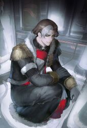 Rule 34 | 3boys, black coat, brown hair, clone, coat, commentary, emet-selch, epaulettes, final fantasy, final fantasy xiv, from above, full body, fur-trimmed coat, fur trim, garlean, gloves, hand on own arm, highres, indoors, laoyepo, long sleeves, looking to the side, male focus, multicolored hair, multiple boys, multiple persona, parted lips, short hair, smile, squatting, symbol-only commentary, third eye, tube, two-tone hair, white gloves, white hair, yellow eyes