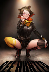 Rule 34 | 1girl, :q, animal ears, arknights, bandaged hand, bandages, bear ears, beehunter (arknights), black footwear, black jacket, black shorts, boots, brown hair, character name, commentary request, cross-laced footwear, full body, hair over one eye, hand up, high collar, highres, ink., jacket, knee pads, long sleeves, looking at viewer, multicolored hair, nail polish, purple eyes, red hair, red nails, short hair, short shorts, shorts, single knee pad, single thighhigh, solo, spread legs, squatting, thighhighs, thighs, tongue, tongue out, v, white hair