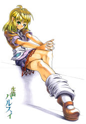 Rule 34 | 1girl, blonde hair, character name, green eyes, highres, loose socks, miniskirt, mizuhashi parsee, own hands clasped, own hands together, pointy ears, shadow, shoes, short hair, short sleeves, sitting, skirt, socks, solo, touhou, umigarasu (kitsune1963)