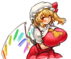 Rule 34 | 1girl, alternate breast size, blonde hair, blush, breasts, female focus, flandre scarlet, hat, huge breasts, looking at viewer, aged up, red eyes, sachito, solo, touhou