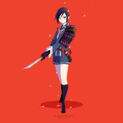 Rule 34 | 1boy, armor, black hair, black necktie, closed mouth, commentary request, dated, full body, grey jacket, grey skirt, highres, holding, holding sword, holding weapon, jacket, katana, long sleeves, looking at viewer, male focus, marina (mrn9), necktie, purple eyes, red background, short hair, shoulder armor, simple background, skirt, solo, standing, sword, touken ranbu, weapon, yagen toushirou