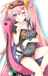 Rule 34 | 1girl, animal, azur lane, black shirt, cat, chair, crop top, grey shorts, grin, gudon (iukhzl), highres, index finger raised, long hair, looking at viewer, midriff, off shoulder, one eye closed, pink hair, purple eyes, shirt, short shorts, short sleeves, shorts, sitting, sleep mask, smile, solo, thighs, twintails, very long hair, z26 (azur lane), z26 (sharing is caring) (azur lane)