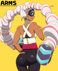 Rule 34 | 1girl, aqua eyes, arms (game), ass, bare arms, bare shoulders, black pants, boxing gloves, bracelet, chilla (arms), closed mouth, colored eyelashes, copyright name, cowboy shot, dark-skinned female, dark skin, domino mask, drill hair, earrings, eyelashes, facing away, from behind, highres, jewelry, lips, lipstick, long hair, looking away, looking back, looking to the side, makeup, mantan, mask, multicolored hair, pants, prehensile hair, red hair, red lips, shiny clothes, shiny skin, shirt, sideways mouth, simple background, smile, solo, standing, streaked hair, text focus, thigh gap, tight clothes, tight pants, turtleneck, twintails, twintelle (arms), very long hair, white hair, white shirt, yellow background, yoga pants