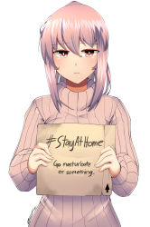 Rule 34 | 1girl, absurdres, arrow (symbol), box, bright pupils, cardboard box, closed mouth, commentary, coronavirus pandemic, dated, english commentary, english text, grey sweater, hashtag, highres, holding, holding sign, jitome, light frown, looking at viewer, original, pink hair, ponytail, red eyes, ribbed sweater, sign, signature, simple background, solo, stay at home, suraya (z666ful), sweater, white background, z666ful