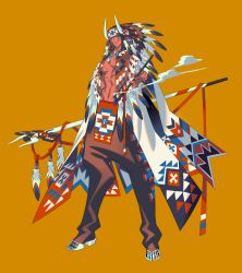 Rule 34 | 1boy, black pants, bodypaint, covered eyes, dark-skinned male, dark skin, eda, fake horns, feathers, full body, headdress, holding, holding staff, horned headwear, horns, jewelry, male focus, native american, native american headdress, navel, necklace, open clothes, open shirt, orange background, original, pants, parted lips, pectorals, smoking pipe, smoke, solo, staff, standing, stomach, teeth, toned, toned male, white footwear