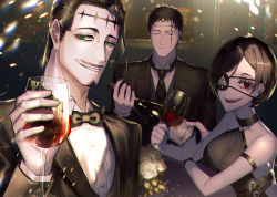 Rule 34 | 1girl, 2boys, absurdres, black clover, black hair, black suit, blouse, blurry, bow, bowtie, breasts, cleavage, cup, dante zogratis, depth of field, drinking glass, eyepatch, formal, frit 2, highres, insignia, looking at viewer, multiple boys, parted bangs, red eyes, shirt, smile, suit, traditional bowtie, vanica zogratis, white shirt, wine glass, zenon zogratis