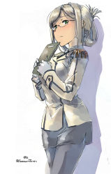 Rule 34 | 10s, 1girl, black skirt, blue eyes, brown hair, buttons, clipboard, collared shirt, cowboy shot, double-breasted, epaulettes, folded ponytail, formal, glasses, gloves, jacket, kantai collection, katori (kancolle), necktie, pantyhose, parted bangs, pencil skirt, shirt, simple background, skirt, skirt suit, solo, suit, suzumaru, twitter username, white background, white gloves
