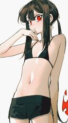 Rule 34 | 1boy, bare shoulders, belly, bikini, black hair, black shorts, expressionless, fate/grand order, fate (series), fiery hair, hair between eyes, long hair, midriff, oda nobukatsu (fate), ponytail, red eyes, sempon (doppio note), shorts, sidelocks, simple background, solo, swimsuit, trap, white background