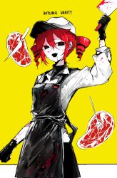 1girl apron arm_up baseball_cap black_apron black_eyes black_gloves black_undershirt blood blood_on_arm blood_on_clothes blood_on_face bloody_knife butcher_vanity_(synthesizer_v) collared_shirt drill_hair drooling food fork gloves hair_between_eyes hat heart heart-shaped_pupils highres holding holding_knife kasane_teto knife long_sleeves looking_at_another open_mouth red_hair red_pupils saw saw_cleaver shirt smile solo steak symbol-shaped_pupils turtleneck turtleneck_shirt twin_drills ummwa utau white_hat white_shirt