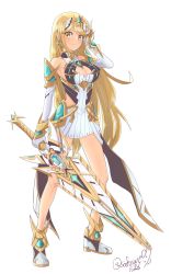 Rule 34 | 1girl, aegis sword (xenoblade), bare legs, bare shoulders, blonde hair, breasts, chest jewel, cleavage, cleavage cutout, clothing cutout, dress, earrings, elbow gloves, gloves, highres, holding, holding weapon, jewelry, large breasts, long hair, mythra (xenoblade), short dress, sofusan1526, solo, swept bangs, sword, thigh strap, tiara, very long hair, weapon, white dress, white footwear, white gloves, xenoblade chronicles (series), xenoblade chronicles 2, yellow eyes