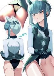 Rule 34 | 1girl, absurdres, ass, black gloves, black panties, blue eyes, blue hair, blue shirt, breasts, closed mouth, commentary request, cowboy shot, creatures (company), expressionless, game freak, gen 4 pokemon, glaceon, gloves, highres, humanization, koiso usu, long sleeves, looking at viewer, multiple views, nintendo, panties, pokedex number, pokemon, shirt, short hair with long locks, sidelocks, simple background, small breasts, solo, underwear, white background