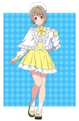Rule 34 | 1girl, blue background, border, bow, bowtie, capelet, checkered background, commentary, footwear bow, frilled capelet, frills, full body, hand up, hat, highres, kousuke0912, legs, light blush, light brown hair, long sleeves, looking at viewer, love live!, love live! nijigasaki high school idol club, nakasu kasumi, pink eyes, shirt, shoes, short hair, skirt, smile, socks, solo, split mouth, white border, white capelet, white hat, white shirt, white socks, yellow bow, yellow bowtie, yellow footwear, yellow skirt