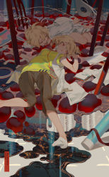 Rule 34 | 2girls, alternate costume, blonde hair, book, contemporary, dress, dual persona, earphones, english text, closed eyes, flandre scarlet, full body, hair ribbon, laevatein, long sleeves, looking away, lying, multiple girls, on back, on floor, on side, open book, open mouth, pants, paper, red eyes, rei (sanbonzakura), ribbon, shirt, short hair, short sleeves, side ponytail, sleeping, socks, t-shirt, text focus, touhou, vest, white dress, white legwear, wings