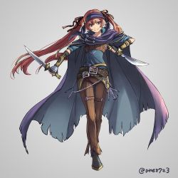 Rule 34 | 1girl, ane-suisei, belt, black ribbon, brown pants, cape, cosplay, dagger, fingerless gloves, fire emblem, fire emblem: the blazing blade, fire emblem fates, gloves, grey background, hair ribbon, hairband, highres, holding, holding dagger, holding knife, holding weapon, key, keyring, knife, legault, legault (cosplay), long hair, nintendo, pants, red eyes, red hair, ribbon, selena (fire emblem fates), simple background, smile, solo, twintails, twitter username, very long hair, weapon