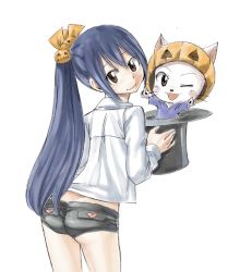 Rule 34 | 1girl, ass, black shorts, blue hair, brown eyes, charle (fairy tail), fairy tail, halloween, halloween costume, head tilt, heart, heart print, high ponytail, jpeg artifacts, long hair, looking at viewer, mashima hiro, official art, one eye closed, ponytail, shirt, short shorts, shorts, simple background, smile, solo, wendy marvell, white background, white shirt