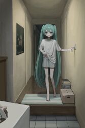 Rule 34 | 1girl, aqua eyes, aqua hair, artist self-reference, barefoot, blush, commentary request, floor tiles, full body, grey shorts, hair between eyes, hatsune miku, highres, indoors, long hair, open mouth, sakiika0513, shirt, shorts, solo, standing, twintails, very long hair, vocaloid, white shirt, wooden floor